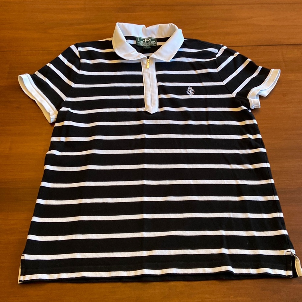 Ralph Lauren Active Black And White Stripped Women’s Short Sleeved Collard Shirt - Picture 2 of 7